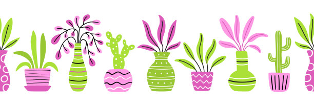 无缝边界明亮的彩色盆栽植物。家庭花卉种植收藏。绿色和粉色时髦的背景。EPS 10矢量室内植物手绘设计平面风格插图。图片下载