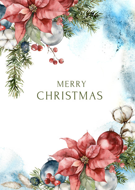 水彩圣诞框架的一品红，圣诞树玩具和云杉树枝。手绘的节日卡片上的植物孤立在白色的背景。用于设计、印刷或背景的插图。图片下载