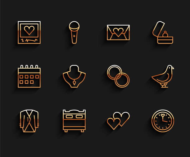集线西装，卧室，相框和心脏，心脏，时钟，项链上的人体模型，鸽子和结婚戒指图标。向量图片下载