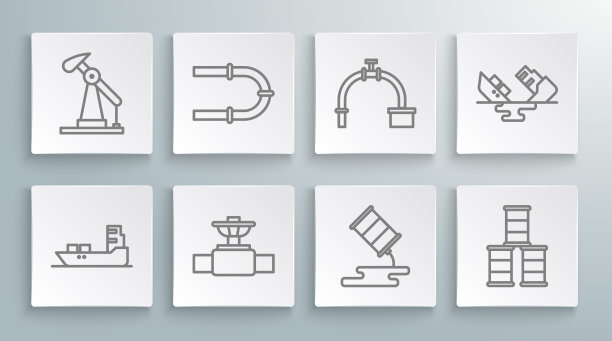 设置油船，工业管道，阀门，桶油泄漏，失事和泵或泵千斤顶图标。向量图片下载