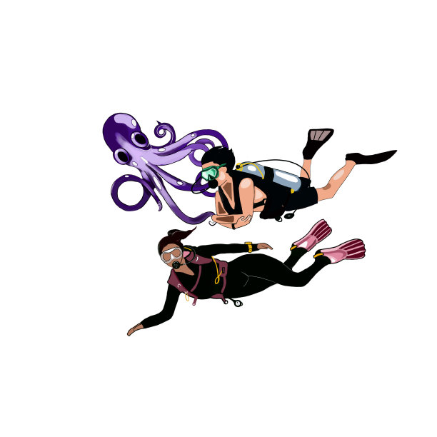 潜水员在白色背景下与章鱼一起游泳图片下载