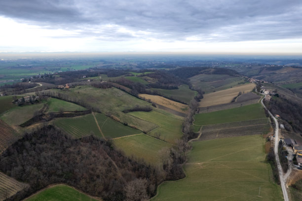 在意大利皮亚琴察的阿尔达山谷，阿尔夸托城堡附近的马尔塔尼，无人机拍摄的丘陵、葡萄园和农场的冬景图片下载