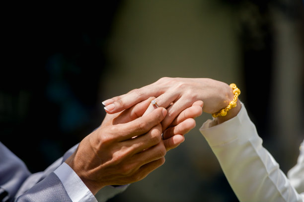 特写穆斯林新郎在穆斯林桥的左手手指上戴着结婚戒指。概念的婚礼卡背景，海报，邀请卡图片下载