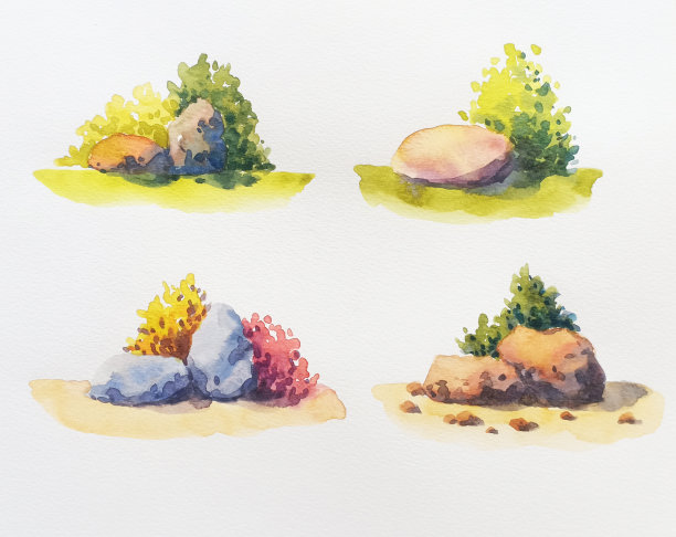 水彩画岩石和灌木图片下载