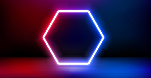 空荡荡的产品陈列柜和闪闪发光的霓虹灯框架。三维矢量横幅与复制空间图片下载