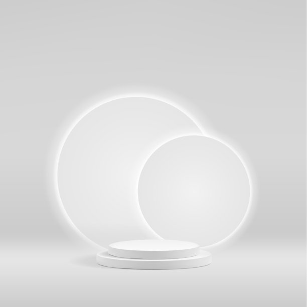 带有产品展台的三维白色讲台舞台。圆形灰色橱窗作为空的模型场景。最小展览工作室展示图片下载