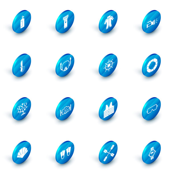 集手电筒，潜水服，刀，珊瑚，潜水面具，救生圈和船舶方向盘图标。向量图片下载