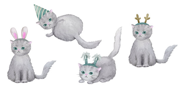 可爱的毛茸茸的猫穿着节日和狂欢节的服装。一套水彩字符。图片下载