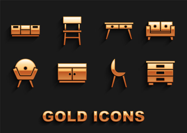 设置抽屉柜，沙发，家具床头柜，扶手椅，办公桌和椅子图标。向量图片下载
