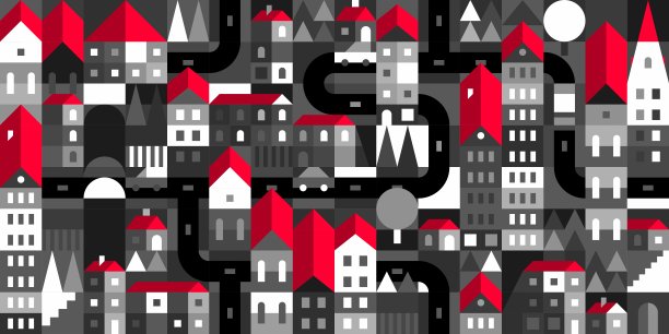 黑色和红色和白色抽象无缝矢量包豪斯几何城市图案设计背景模板图片下载