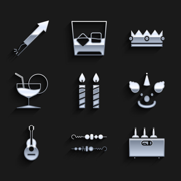 生日蛋糕蜡烛，烤羊肉串，装在木箱里的葡萄酒，小丑头，吉他，马提尼酒杯，皇冠和烟花火箭图标。向量图片下载