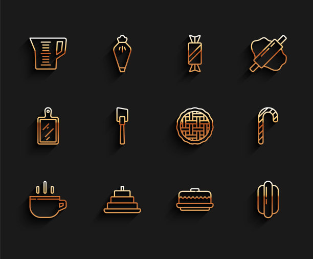 咖啡杯，蛋糕与燃烧的蜡烛，测量，热狗三明治，刮刀，圣诞糖果手杖和自制派图标。向量图片下载