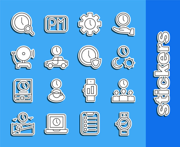 设置行腕表，时间管理，昼夜随时间，旅行，响闹钟，放大镜时钟和时钟屏蔽图标。向量图片下载