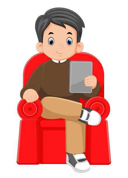 一位年轻的企业家坐在红色沙发上，手里拿着一台现代平板电脑，正在用它交流图片下载