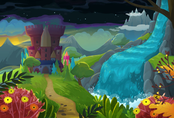 卡通场景与自然森林和城堡插图图片下载
