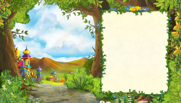 卡通自然景观与美丽的城堡与框架文字插图的孩子图片下载