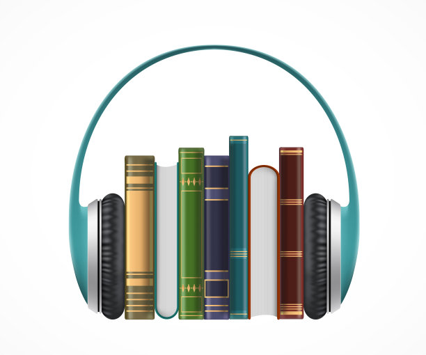 一堆书，戴着耳机，孤立在白色背景上。图片下载