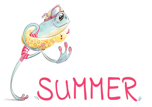 青蛙的夏日水花——一只戴着泳镜和充气游泳圈的青蛙在游泳。儿童卡通插画。水彩和铅笔风格。大的格式。图片下载