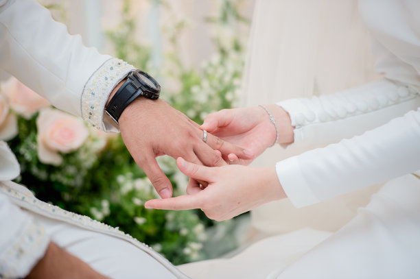 穿着白色套间的穆斯林新郎握着穆斯林新娘的手指。概念的婚礼卡背景，海报，邀请卡图片下载