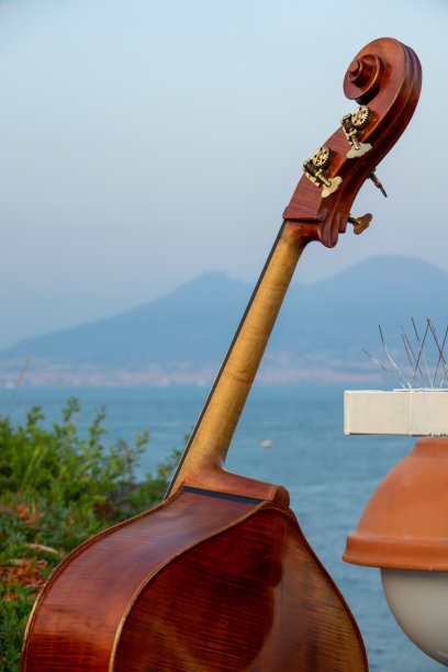 以那不勒斯湾维苏威火山为背景的低音提琴图片下载