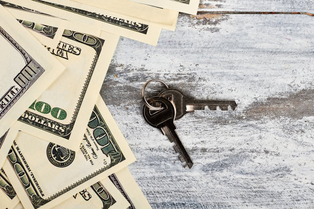 钥匙和美元在木头上。图片下载