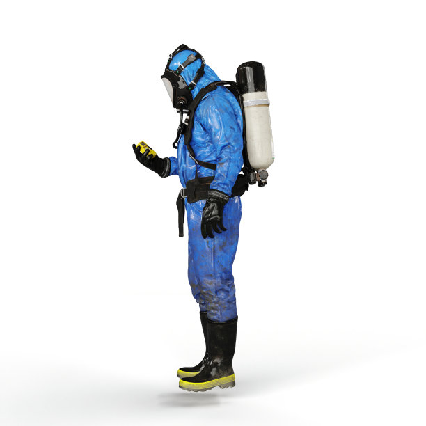 一个穿着蓝色防毒服的人使用无线电的3d渲染图图片下载