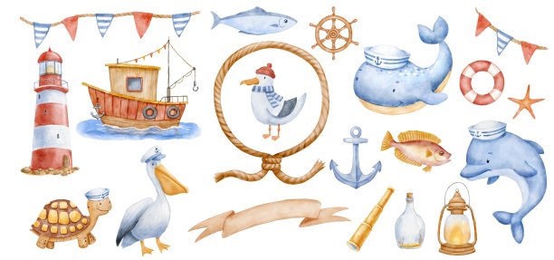 有趣的海洋动物人物，渔船和灯塔上的石头。水彩插图孤立的白色，手绘剪贴画集。图片下载