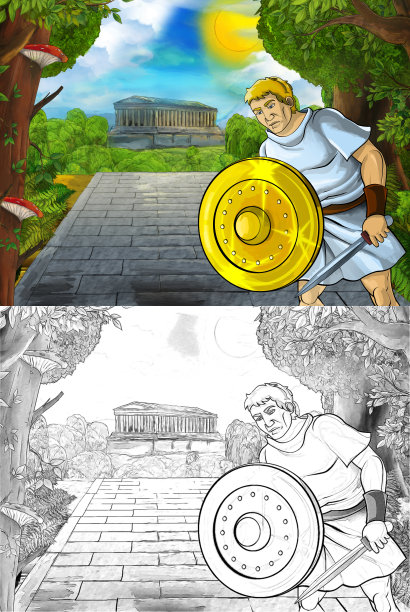 卡通场景与罗马或希腊古代字符附近的一些古建筑，如寺庙在通往城市的道路插图儿童图片下载