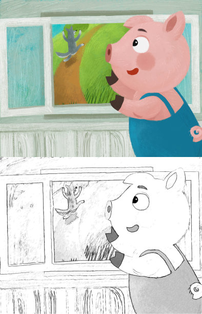 卡通场景与猪农在农舍插图的孩子图片下载