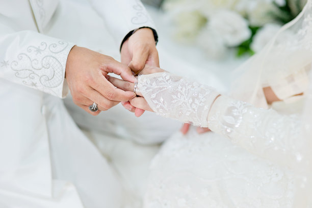 特写穆斯林新郎在穆斯林桥的左手手指上戴着结婚戒指。概念的婚礼卡背景，海报，邀请卡图片下载