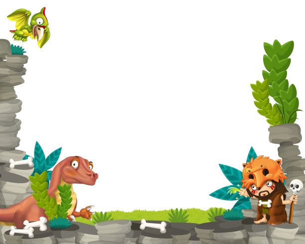 卡通自然场景与史前穴居人主题框架边界与空间文字插图为儿童图片下载