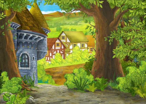 卡通夏天的场景与路径的农场村庄与王子和公主图片下载