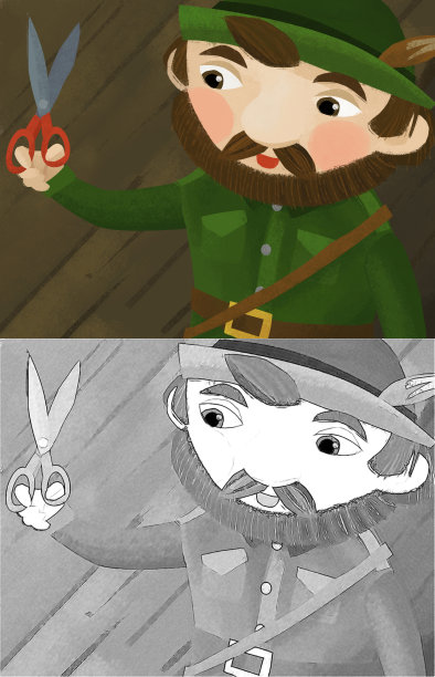 卡通场景与猎人森林人在农场的房子与裁剪工具插图的孩子图片下载