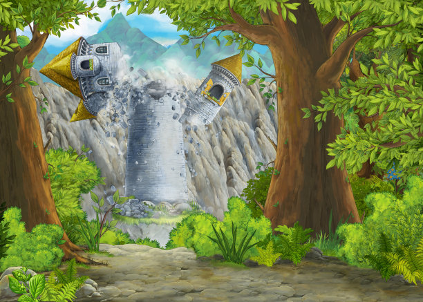 卡通自然场景与美丽的城堡与王子和公主图片下载