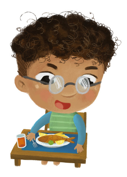 卡通场景，男孩吃健康的晚餐炸鱼插图为儿童图片下载