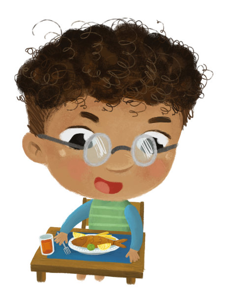 卡通场景，男孩吃健康的晚餐炸鱼插图为儿童图片下载