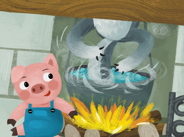 卡通场景与猪和狼在厨房附近的炉边壁炉插图的孩子图片下载