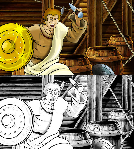卡通场景与罗马或希腊古代人物在木船舱内与儿童金色盾牌插图图片下载