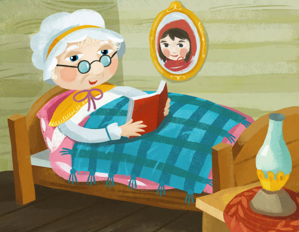 卡通场景，奶奶躺在床上给孩子们读插画书图片下载