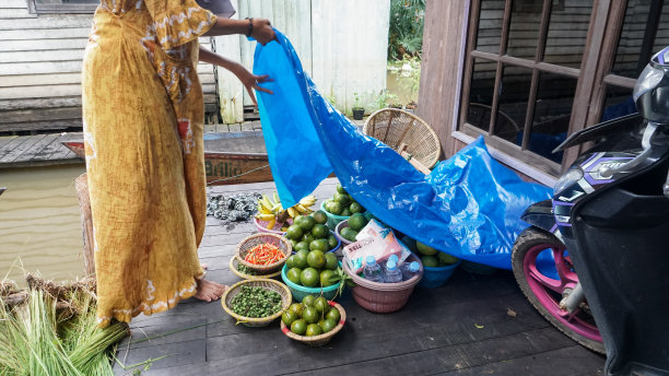 在河边的房子里，班贾尔妇女正在把水果装进篮子里图片下载