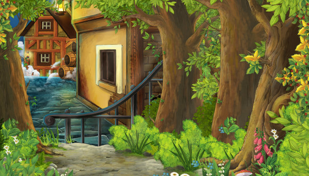 带有中世纪城市街道的卡通自然场景-儿童插图图片下载