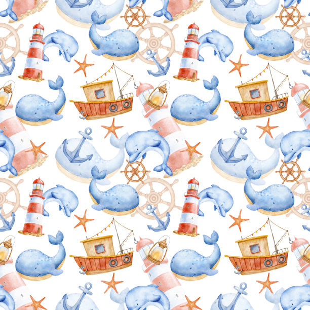 可爱的水彩航海无缝图案与海洋动物字符和船。有趣的海洋背景图片下载