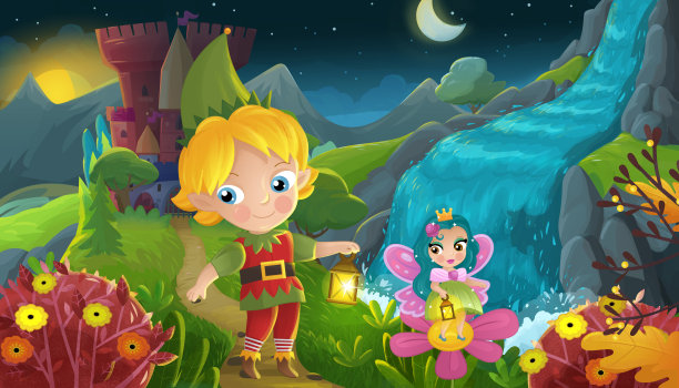 卡通场景森林公主和精灵王子和城堡图片下载