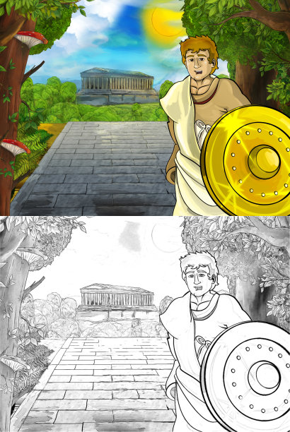 卡通场景与罗马或希腊古代字符附近的一些古建筑，如寺庙在通往城市的道路插图儿童图片下载