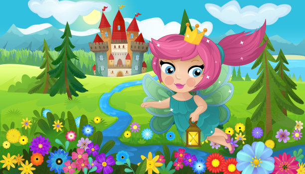 卡通场景与自然森林公主和城堡图片下载