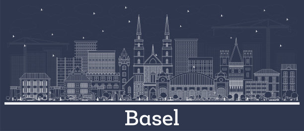 用白色建筑勾勒出瑞士巴塞尔城市的天际线。图片下载