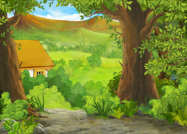 卡通夏天的场景与路径的农场村庄与王子和公主图片下载