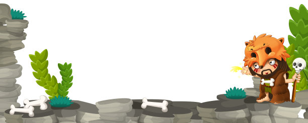 卡通自然场景与史前穴居人主题框架边界与空间文字插图为儿童图片下载