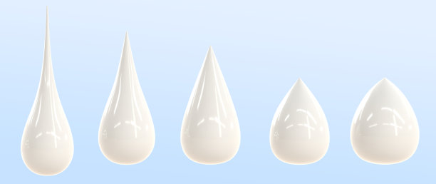 牛奶，酸奶或化妆品霜滴在蓝色背景3d渲染图标集。白色滴状气泡具有光滑的液体熔融质地，滴状酱汁或乳制品飞溅图片下载