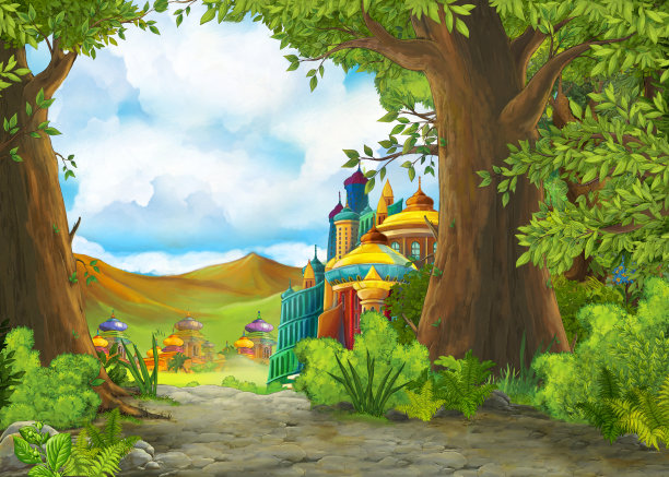 卡通自然场景与美丽的城堡与王子和公主图片下载